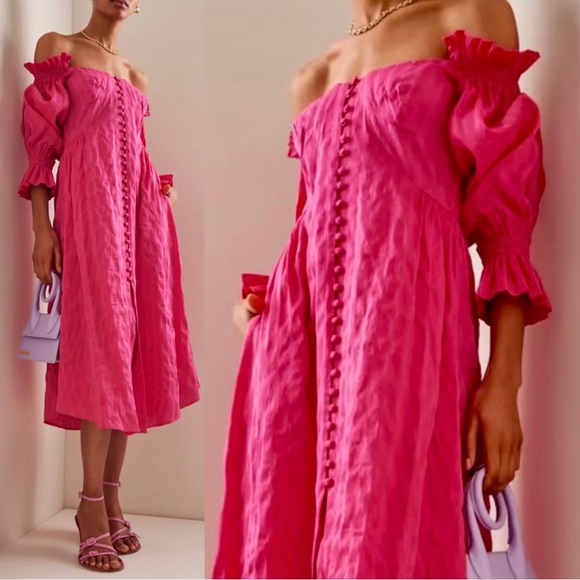 ๐บ๐HP๐๐บ NWT Cult Gaia Simona Off-The-Shoulder Ruffled Midi Dress Dragonfruit - Picture 4 of 16